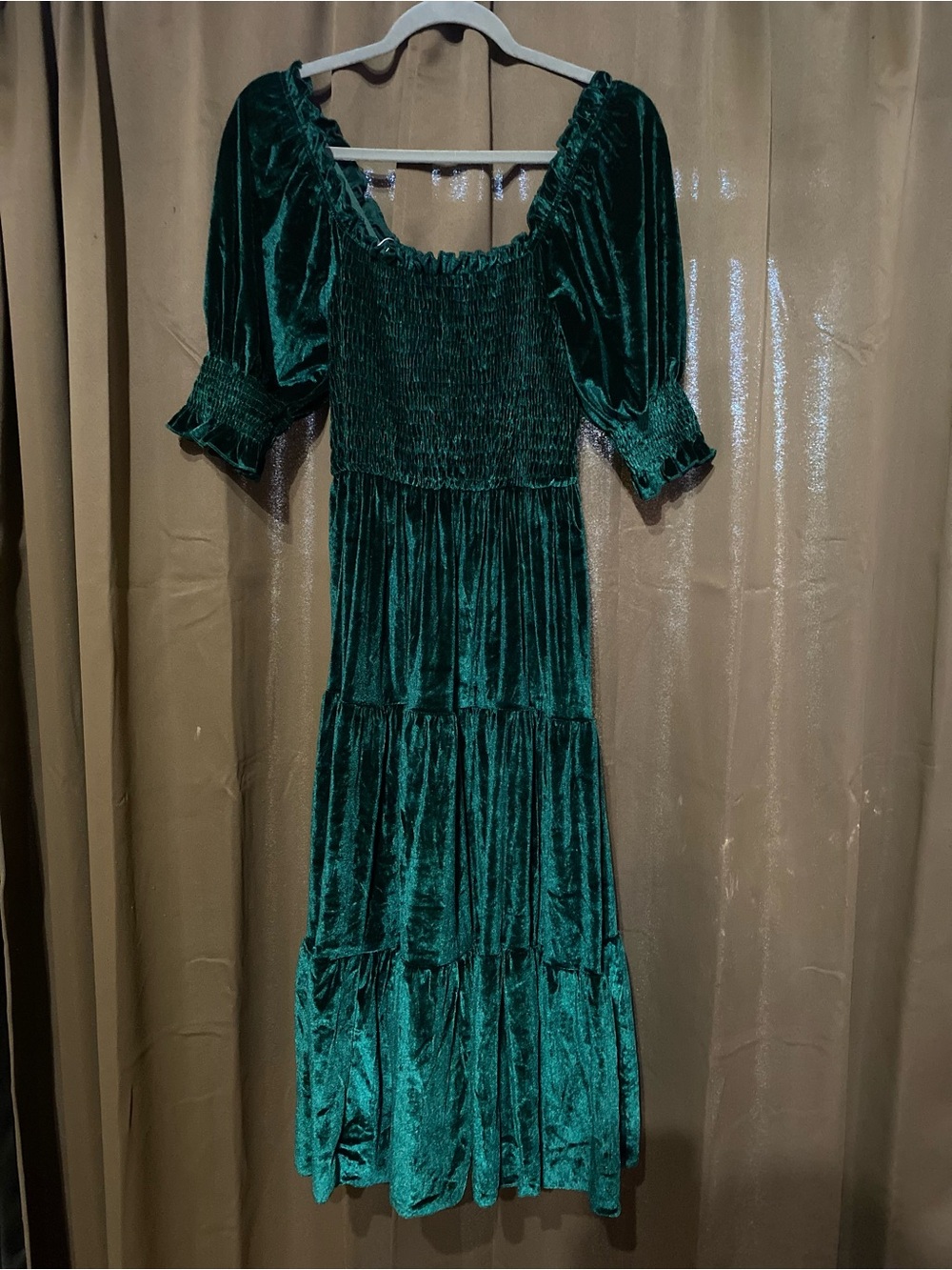 Smocked Velvet Maxi Dress with Puff Sleeves in Emerald